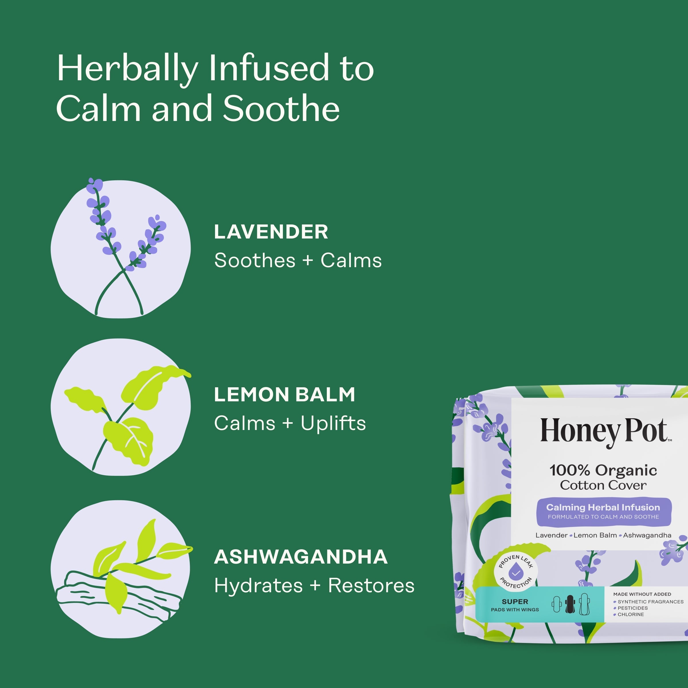 Organic Cotton Cover Calming Herbal Infusion Super Pads With Wings